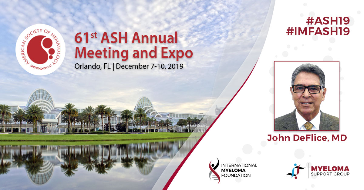 John Deflice, myeloma patient, with backdrop of ASH conference in Orlando 2019
